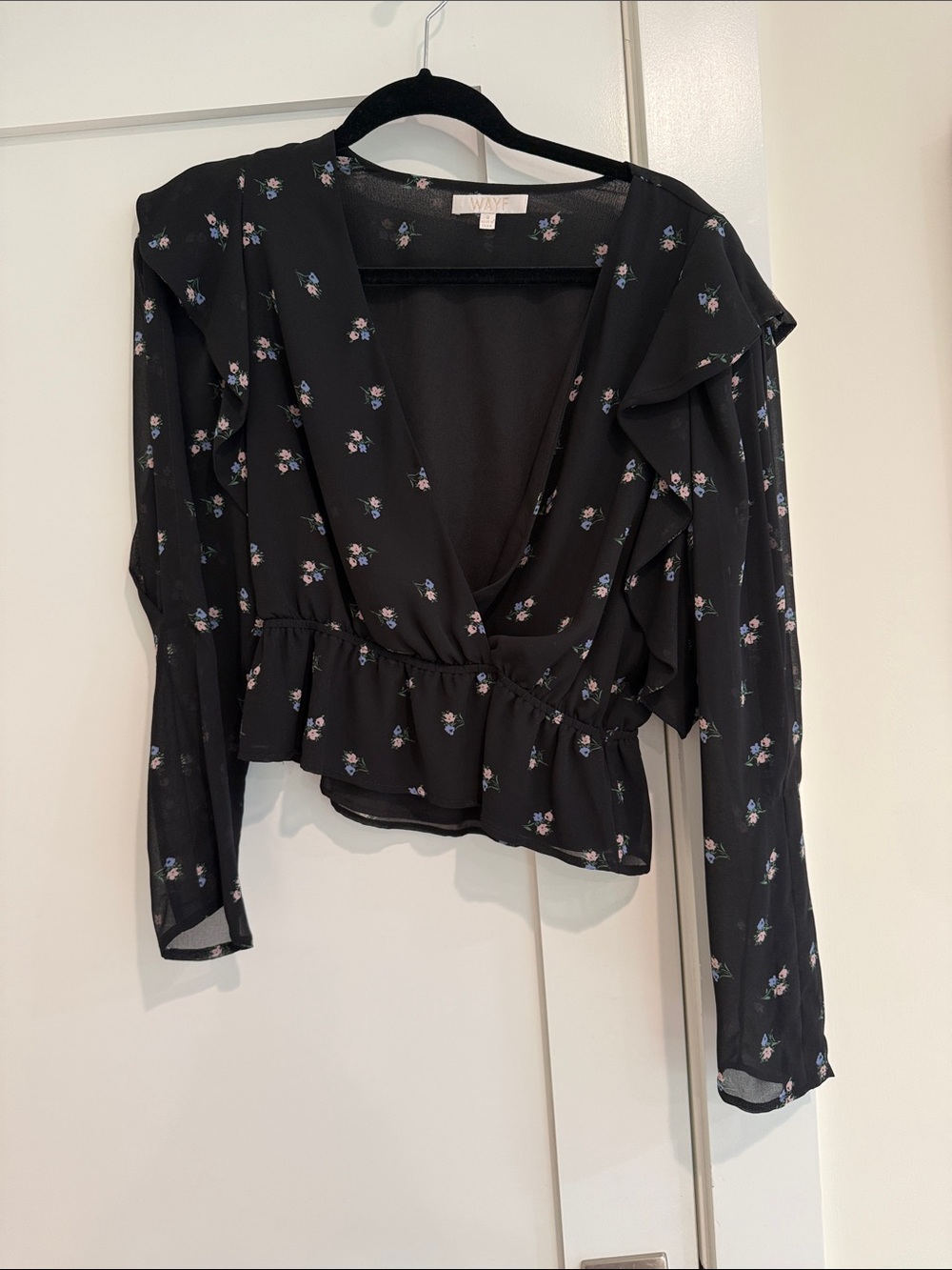 Wayf Black Floral Ruffle Wrap Blouse